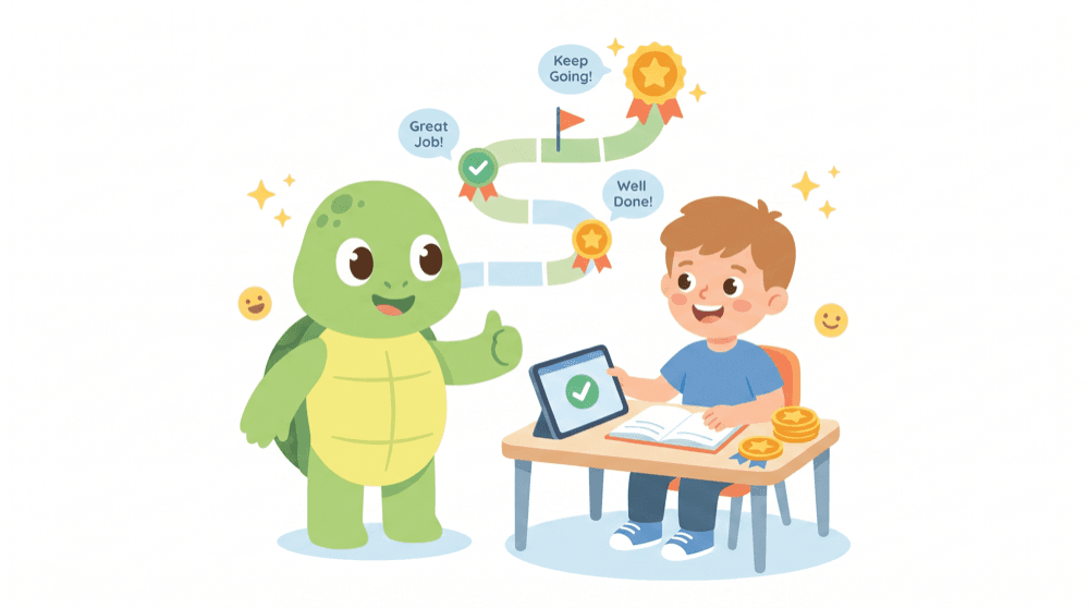 Turtle mascot encouraging a student sitting at a desk with a laptop