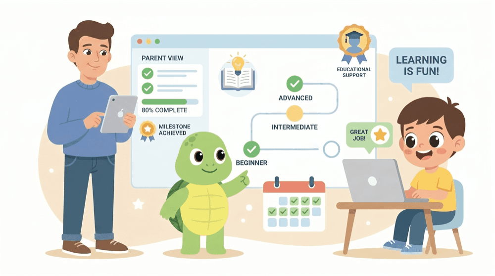 Turtle mascot beside a parent and student reviewing a progress dashboard together