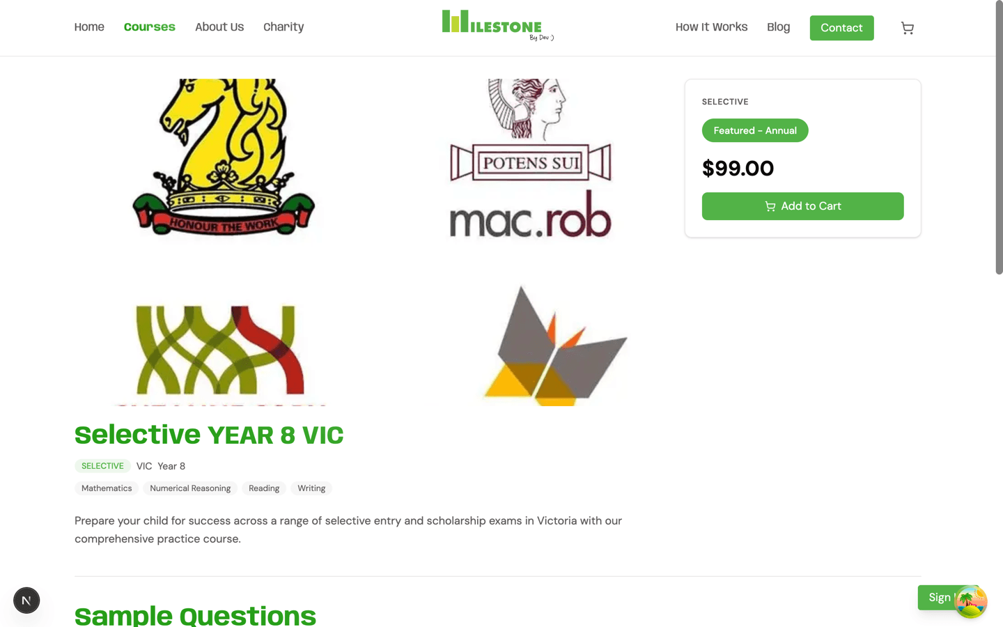 A Milestone course page showing the course subjects, description and pricing.