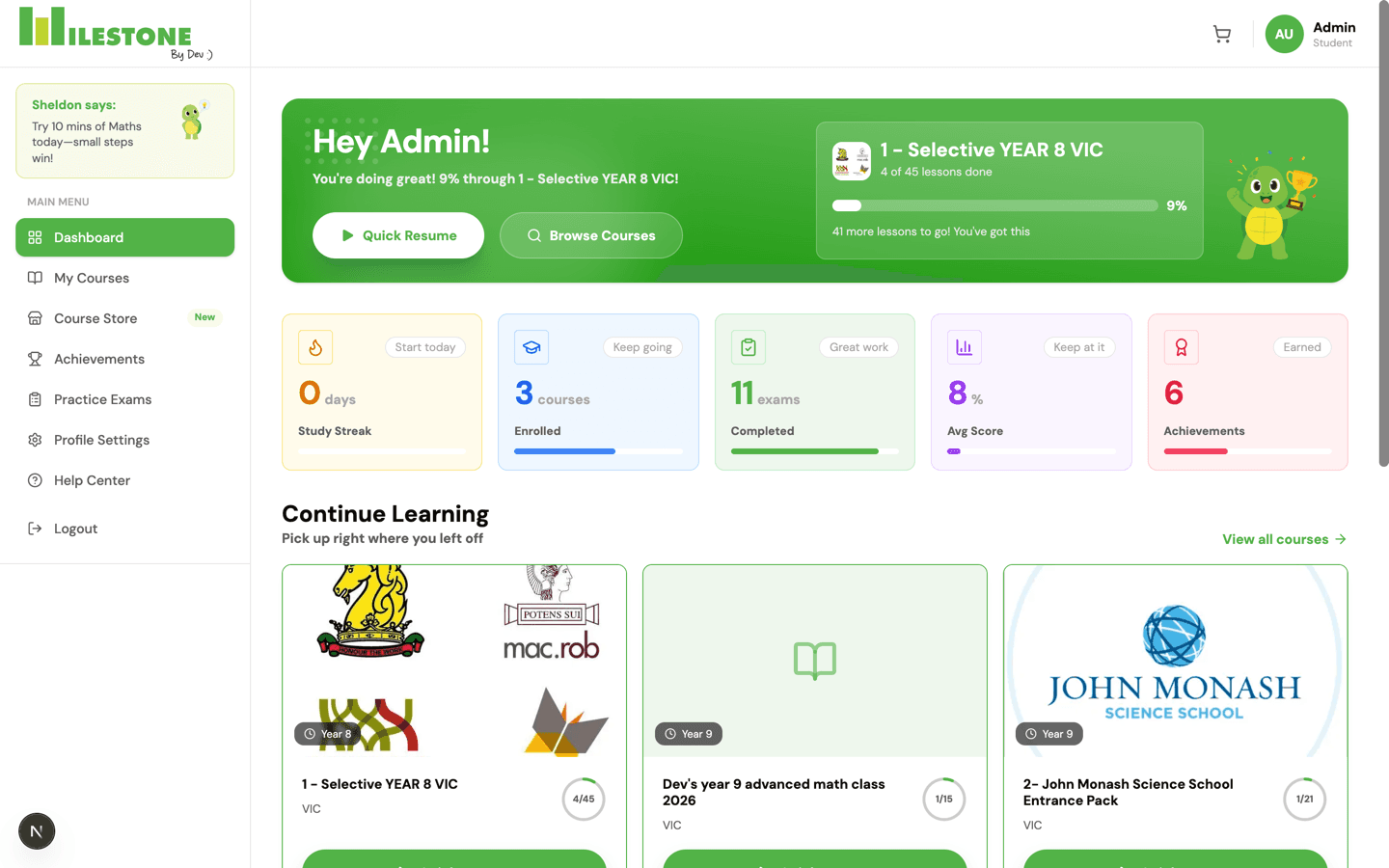 The Milestone student dashboard showing progress charts, scores by subject and achievements.