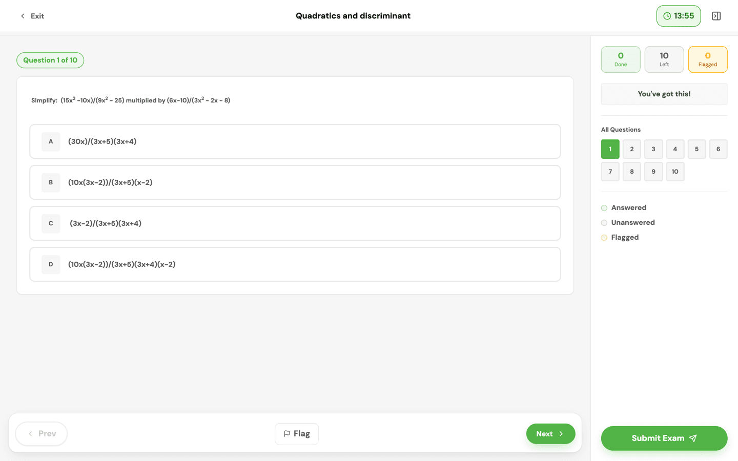 The Milestone exam screen showing a question, answer options and a countdown timer.